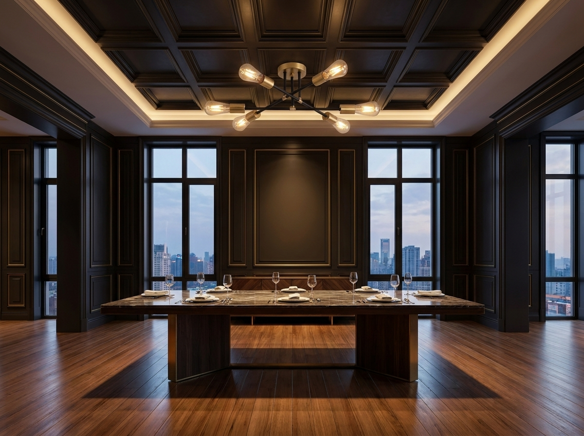 Black and gold sputnik chandelier above a magazine-quality luxury dining room table with high ceiling