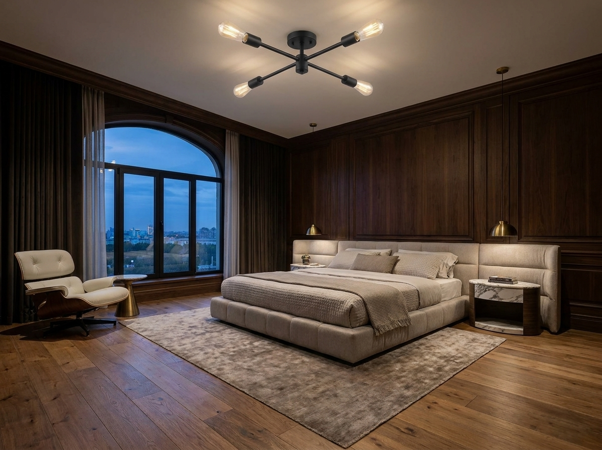 Black sputnik chandelier in a magazine-quality luxury primary bedroom with designer furniture
