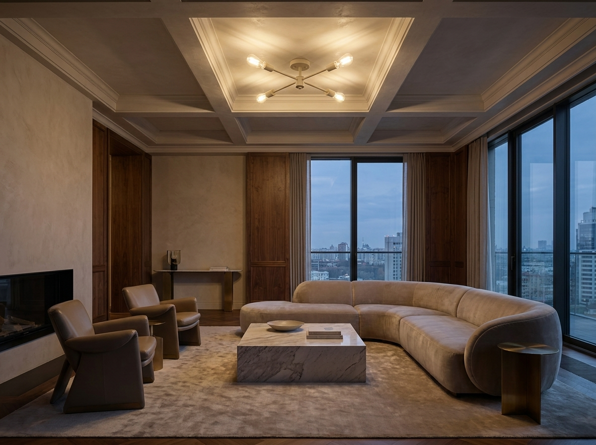 OAK White sputnik chandelier in a magazine-quality luxury living room with designer furniture