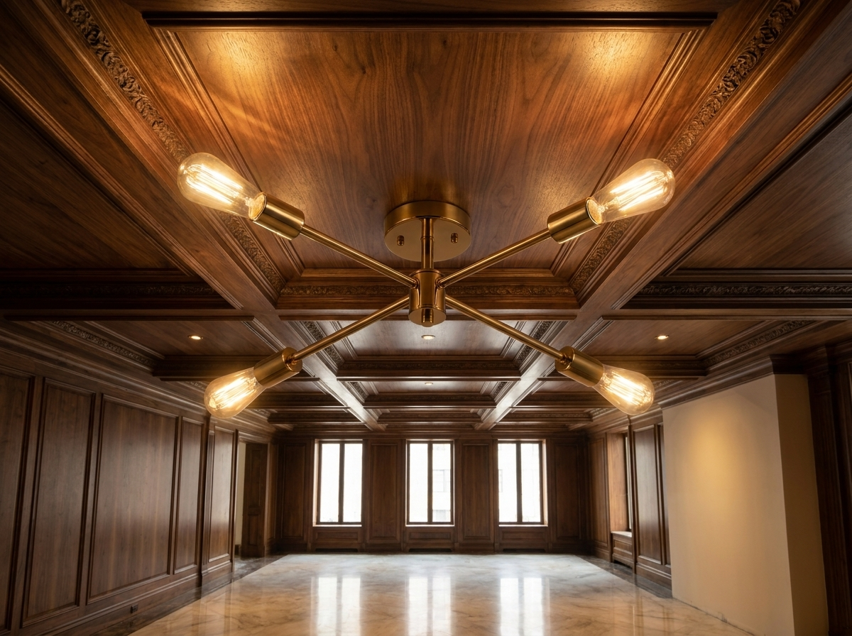 Installation perspective looking up at the gold sputnik chandelier in a luxury ceiling