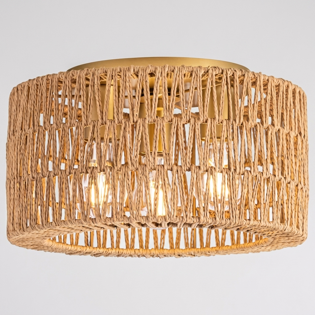 Rattan flush mount ceiling light, gold trim, Merchant Center product photo