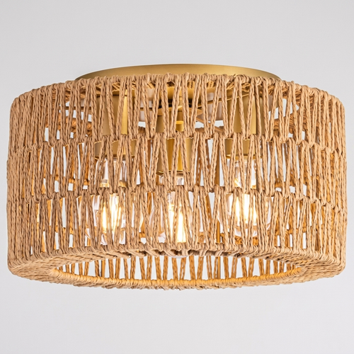 Rattan Flush Mount Ceiling Light for Bedroom & Living Room, Woven Boho Coastal Fixture, Natural Rattan Shade, Gold Trim, Modern Minimalist 1 3 4 Light