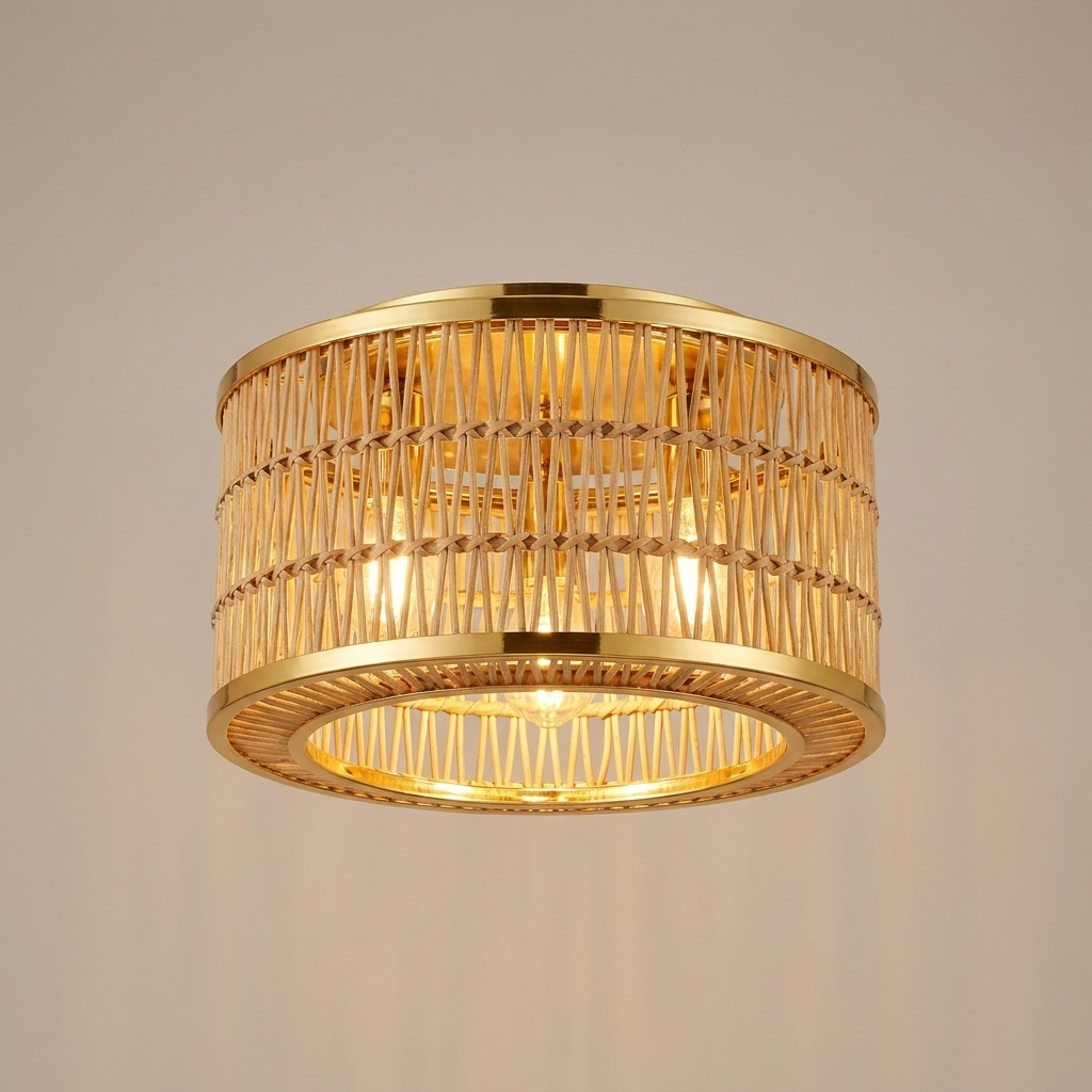 Rattan flush mount ceiling light, warm glow, Merchant Center product photo