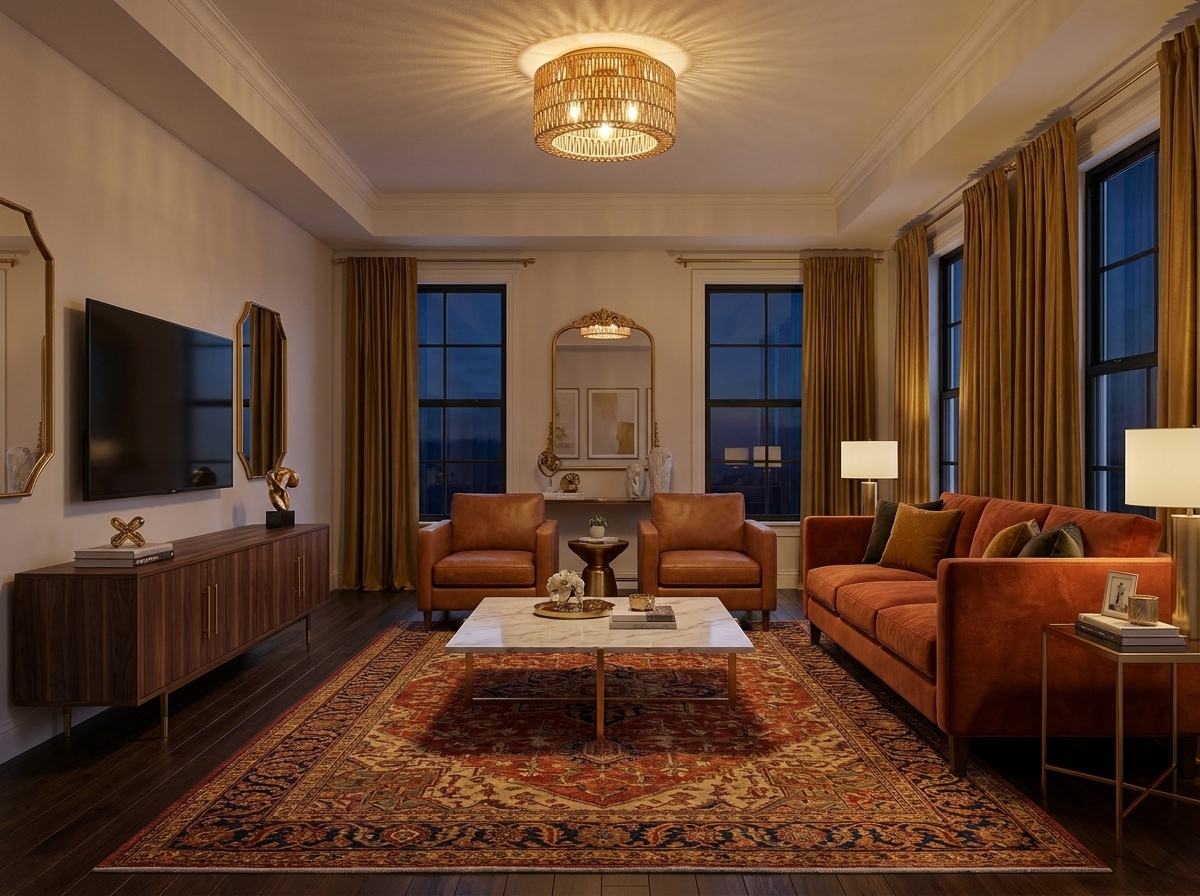 Rattan flush mount ceiling light in a luxury living room with warm evening ambiance