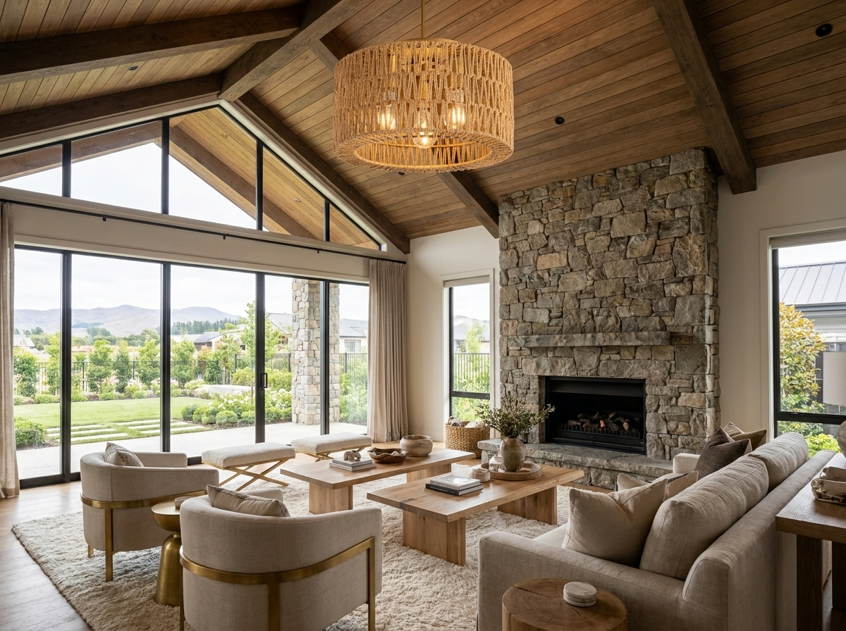 Designer rattan flush mount ceiling light in a magazine-quality living room with vaulted ceiling