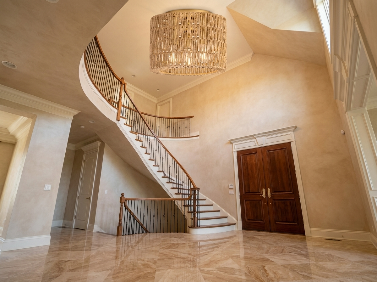 Designer rattan flush mount ceiling light in a magazine-quality foyer