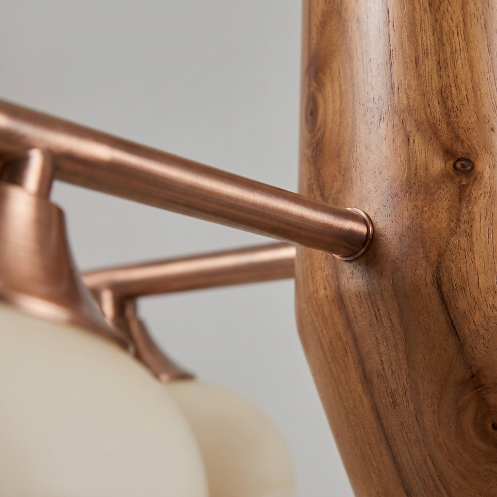 Macro close-up of the copper finish and wood beam grain