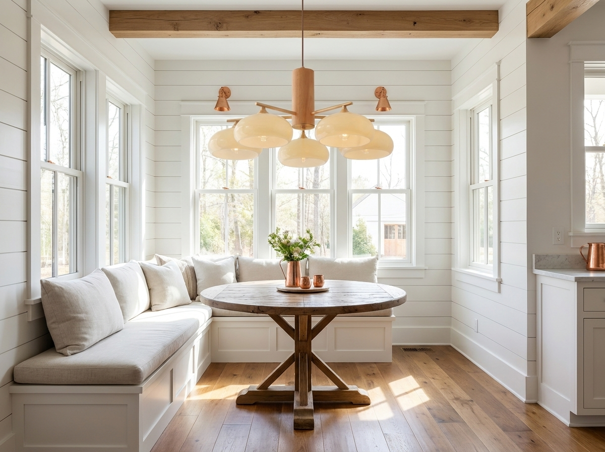 Copper chandelier with milk-yellow glass shades in a modern farmhouse breakfast nook