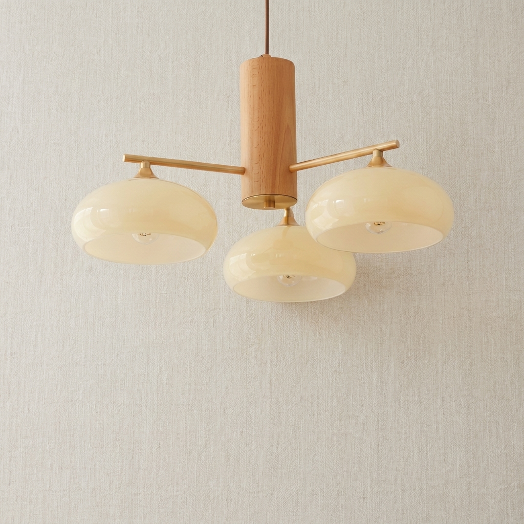 Flat lay product photo of the copper chandelier with wood beam arm