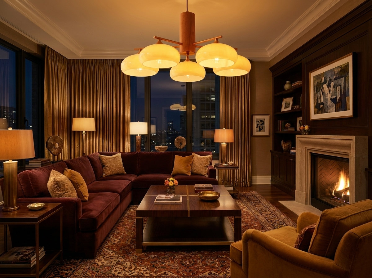 Copper chandelier with milk-yellow glass shades in a luxury living room with warm evening ambiance