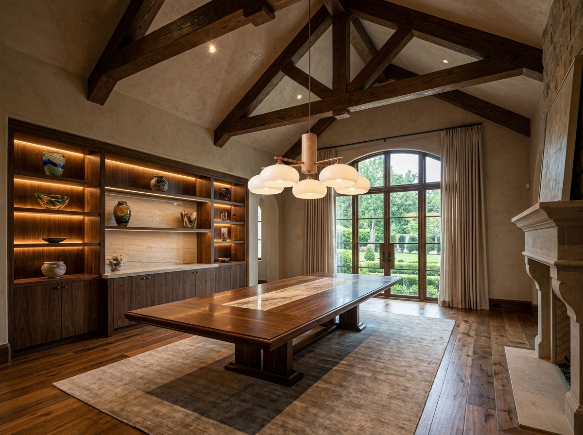 Designer copper chandelier with milk-white glass shades in a magazine-quality dining room