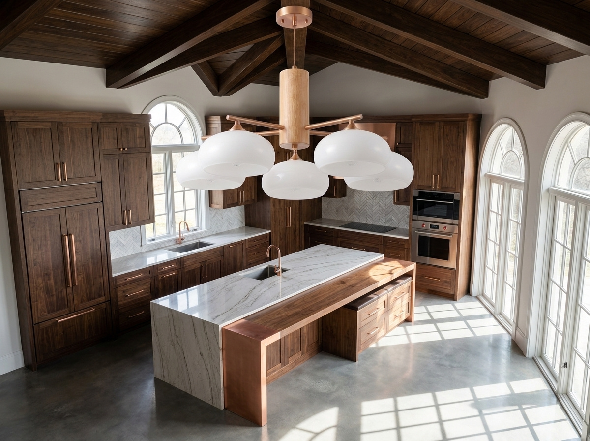 Designer copper chandelier with milk-white glass shades in a magazine-quality kitchen with island