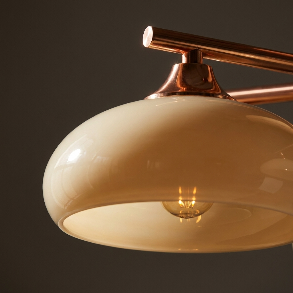 Close-up of a milk-glass shade and copper fitting on the designer chandelier
