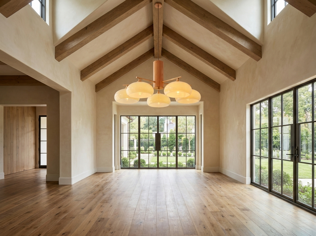 Designer copper chandelier with milk-yellow glass shades in a magazine-quality vaulted dining room