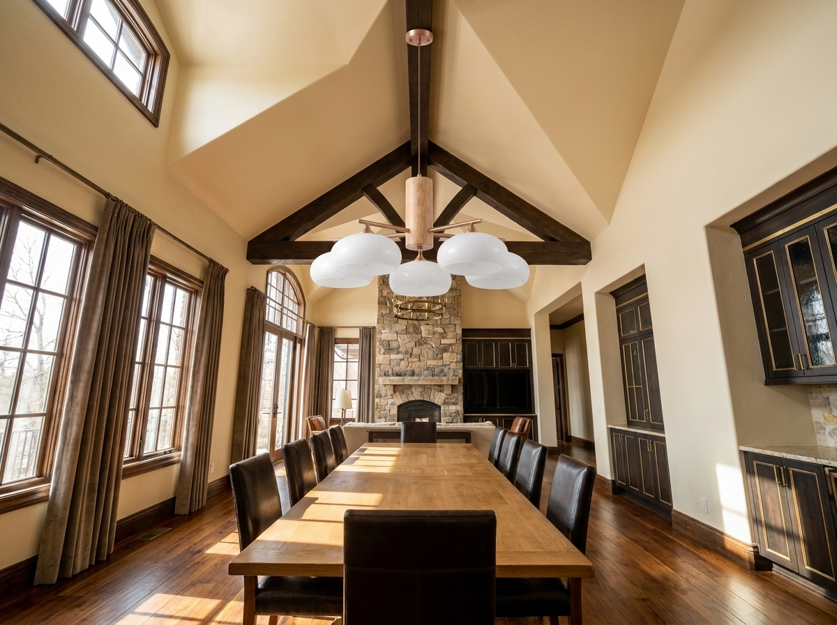 Alternate dramatic angle of the designer copper chandelier in a magazine-quality dining room