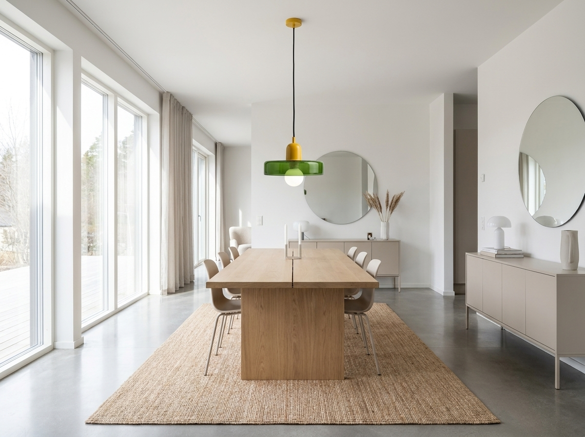 Alternate wide angle of the green colored glass pendant light in a Nordic dining room