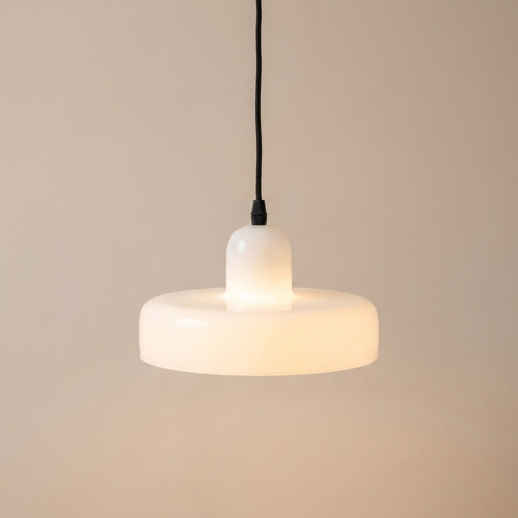 White colored glass pendant light glowing warmly, Merchant Center product photo