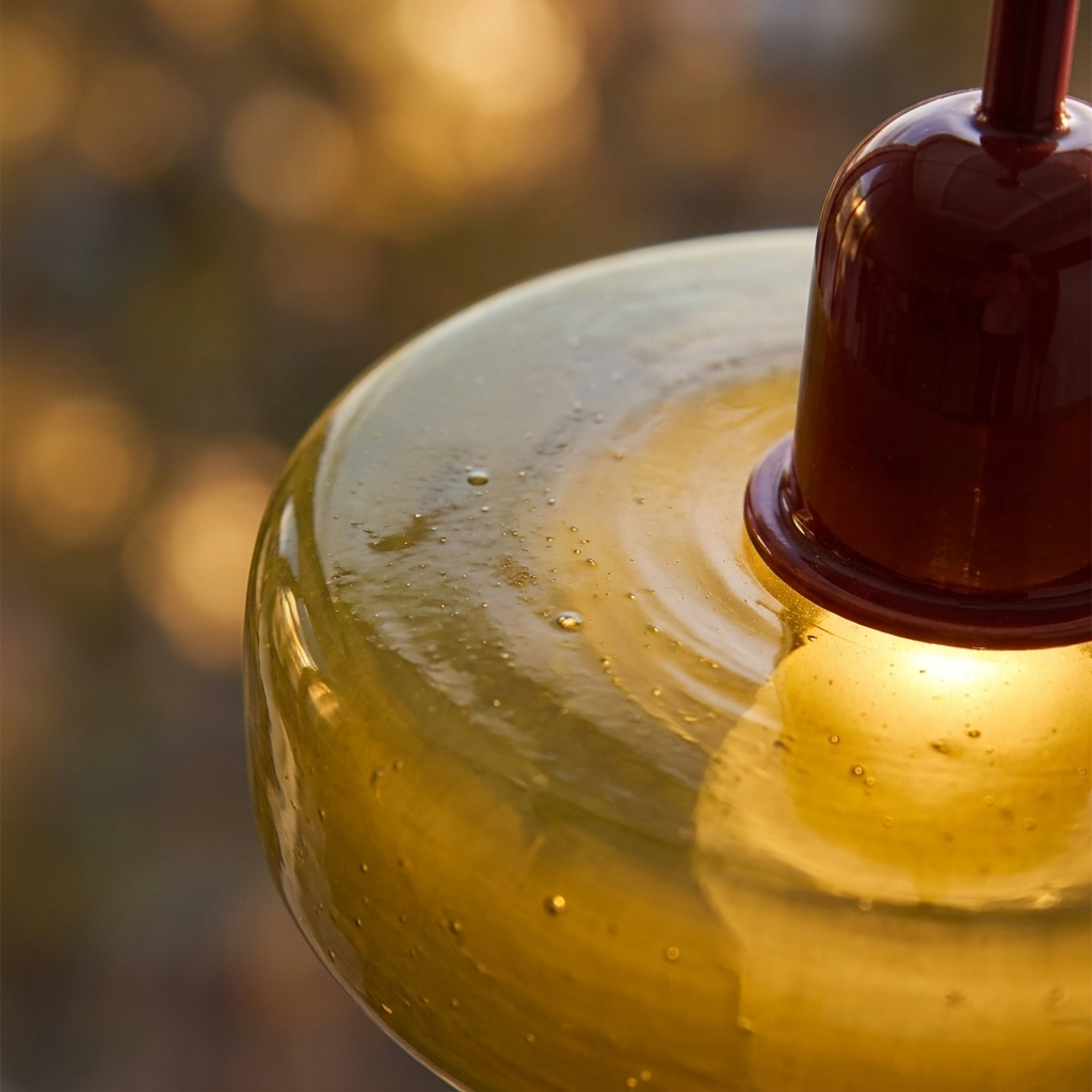 Macro close-up of the saturated colored blown-glass pendant shade, glowing warmly