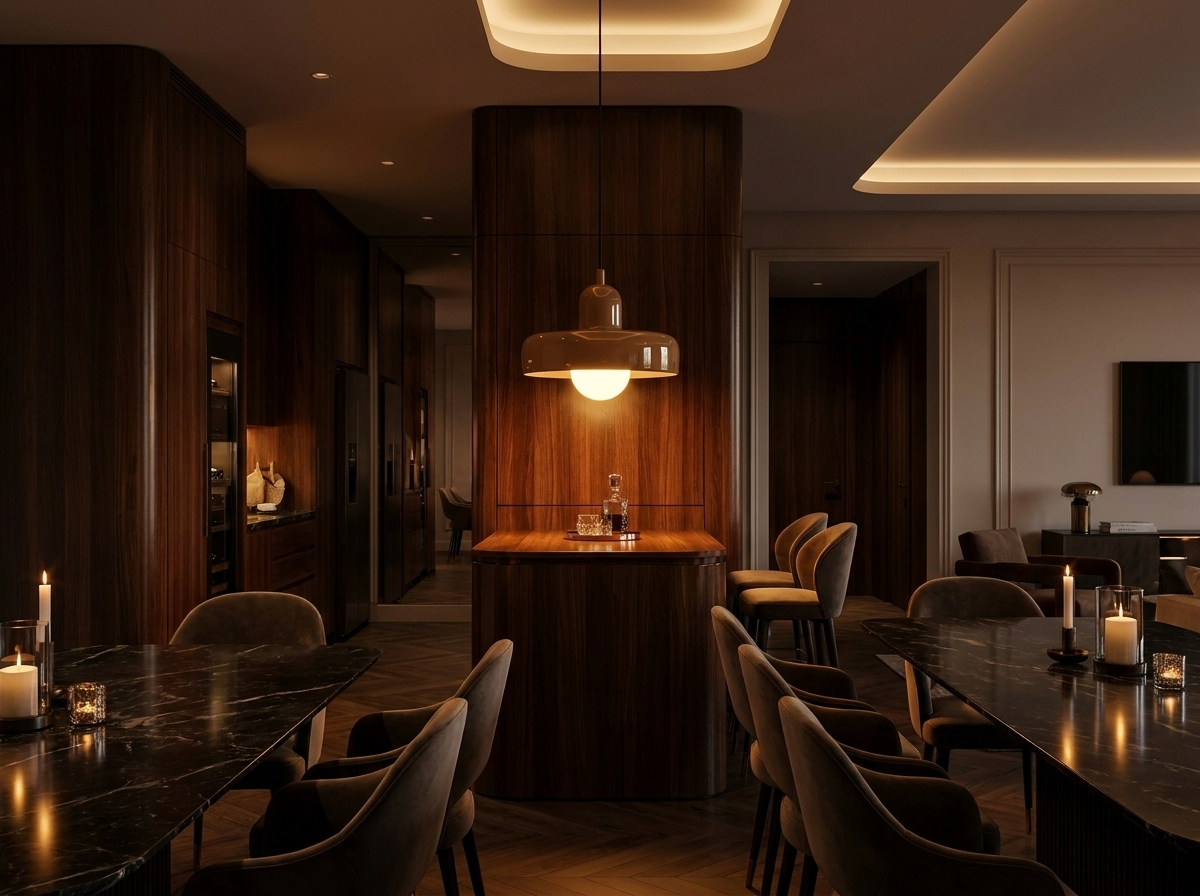 Brown colored glass pendant light in a luxury dining room with warm evening ambiance