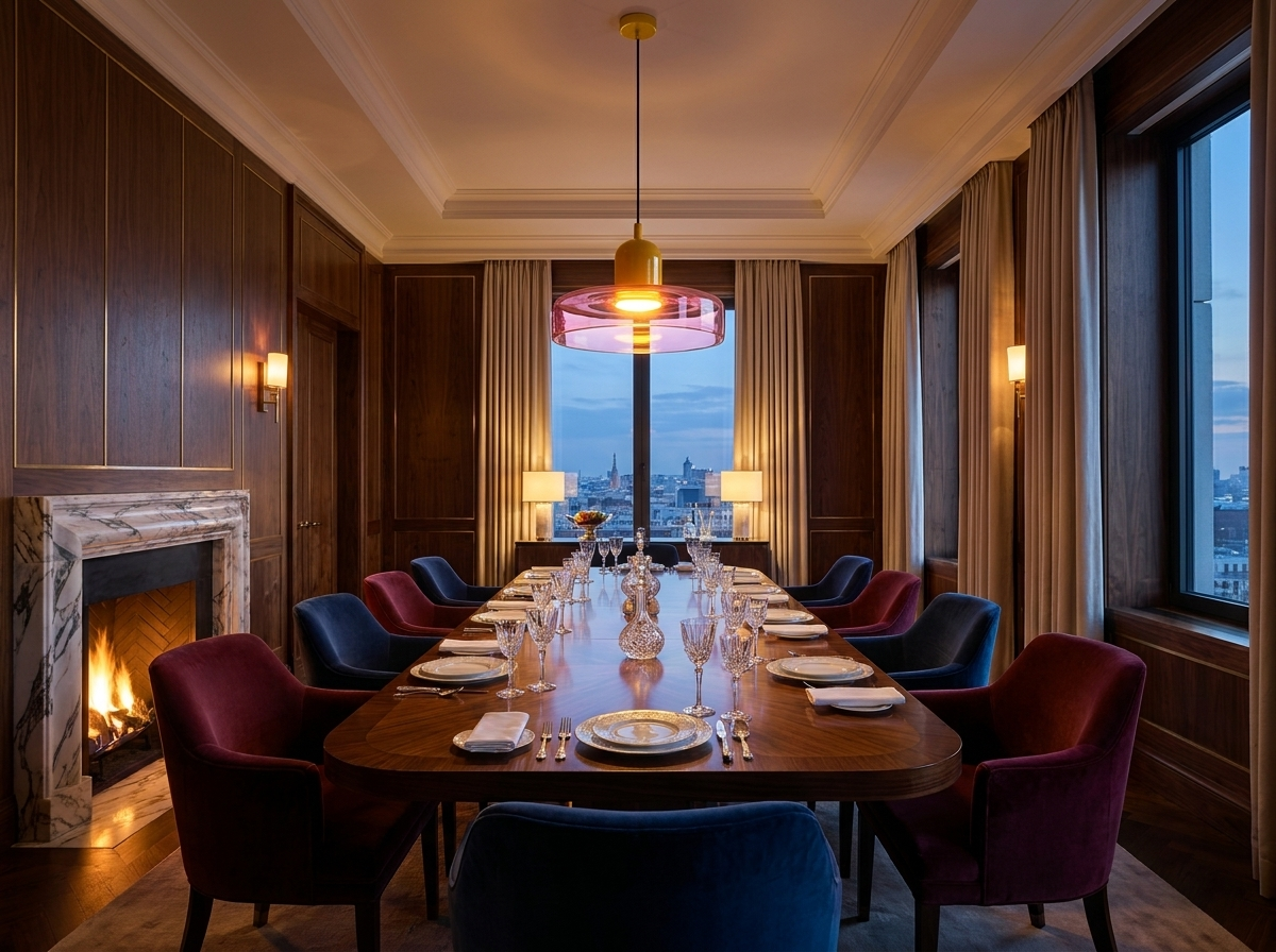 Alternate wide angle of the pink colored glass pendant light in a luxury dining room