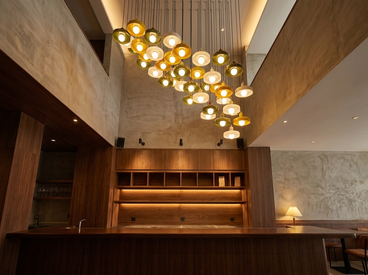 Grouped colored glass pendant lights in a magazine-quality designer bar