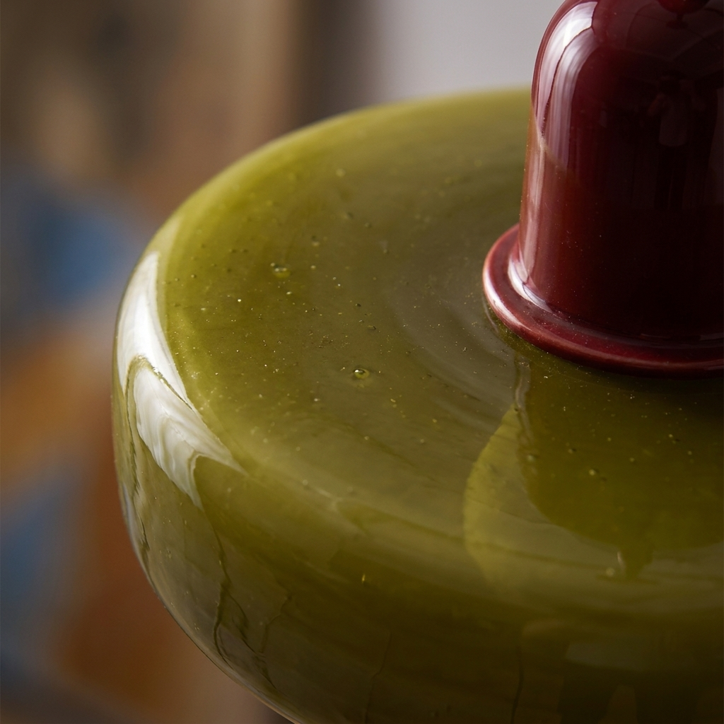 Macro architectural detail of the saturated colored blown-glass pendant shade
