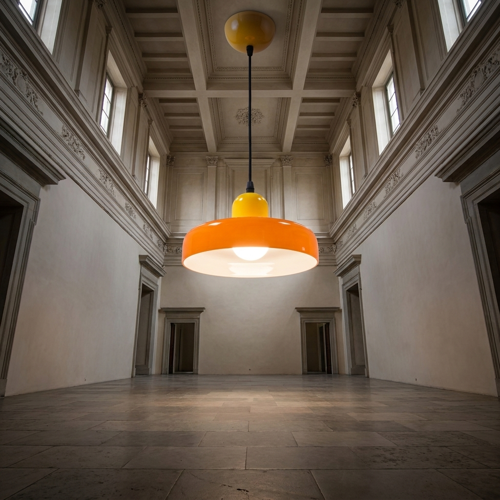 Dramatic installation perspective looking up at the designer white colored glass pendant light