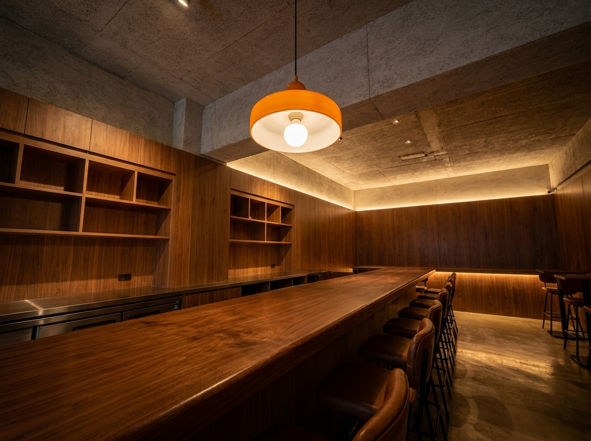 Orange colored glass pendant light in a magazine-quality designer bar, alternate angle