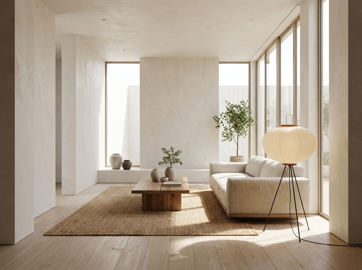 Rice paper floor lamp in a bright modern minimalist Japandi living room