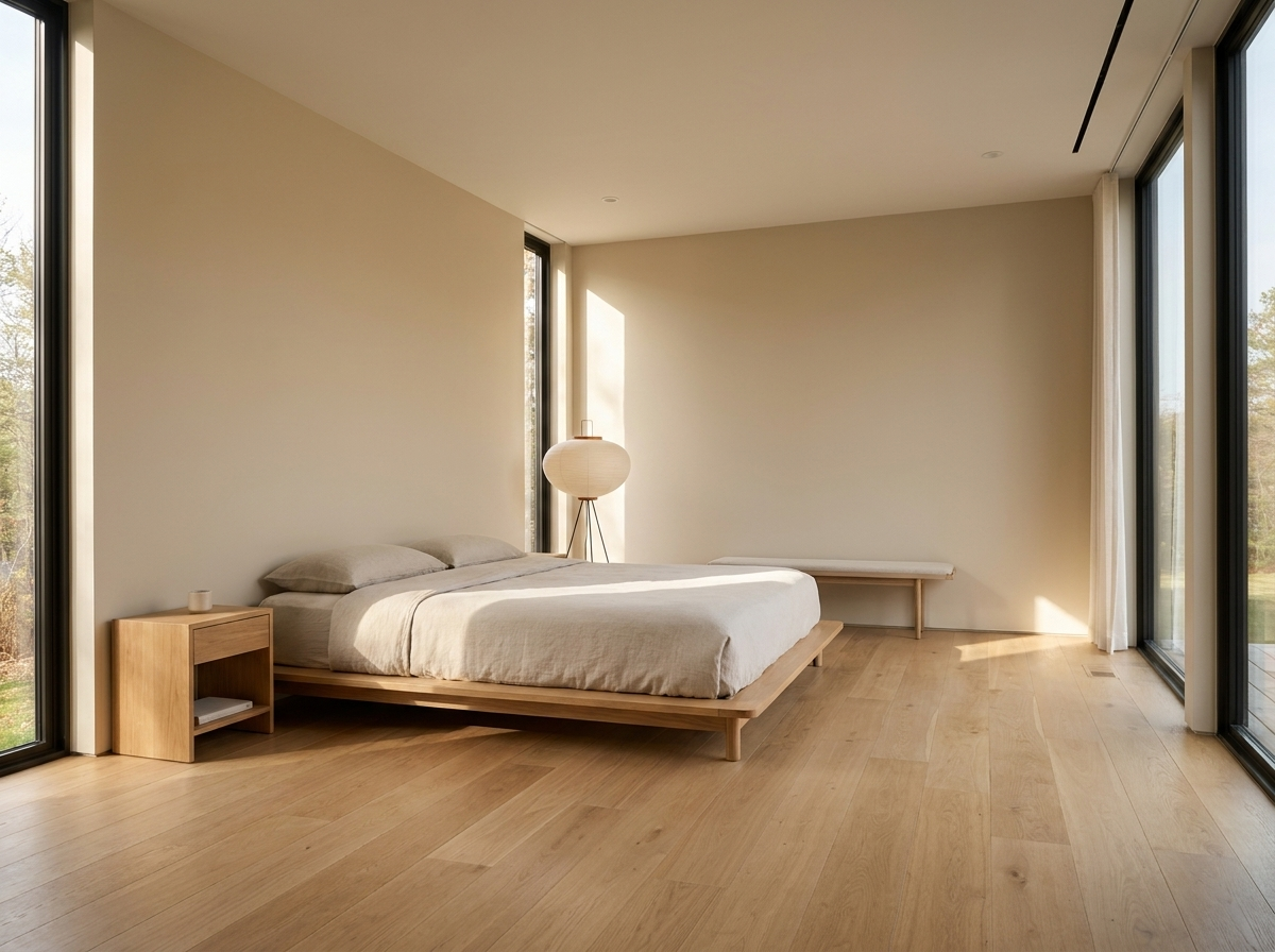 Rice paper floor lamp in a bright modern minimalist Japandi bedroom