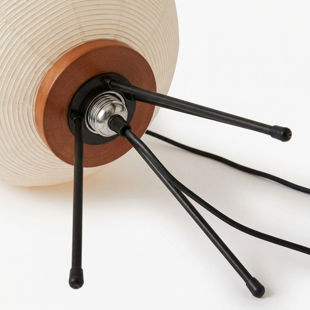 Close-up of the E27 socket and tripod base of the rice paper lamp