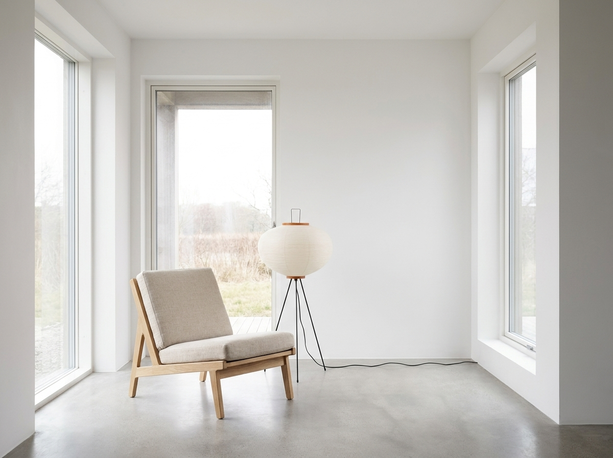 Rice paper floor lamp in a bright minimalist reading nook