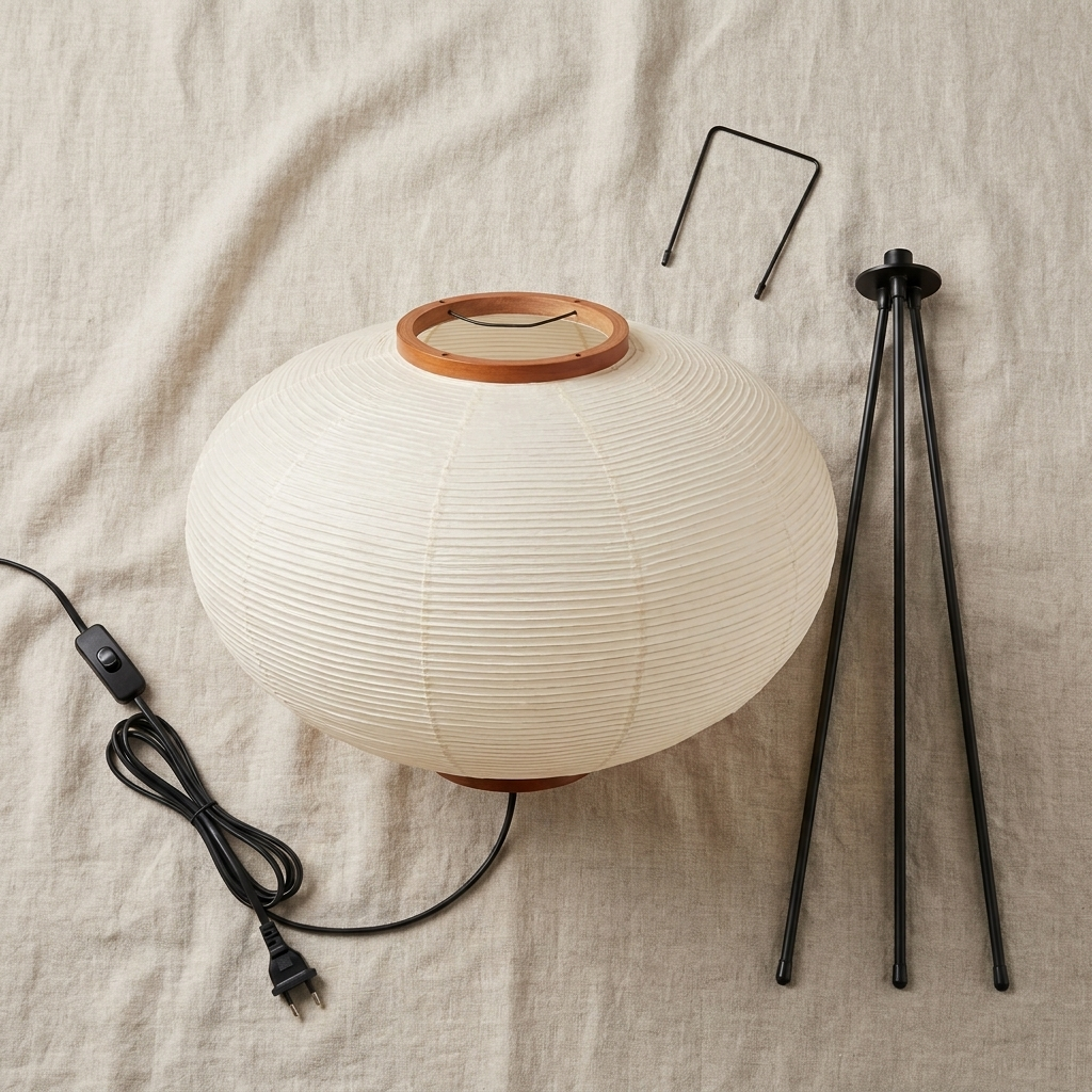 Flat lay product photo of the rice paper lamp shade and frame