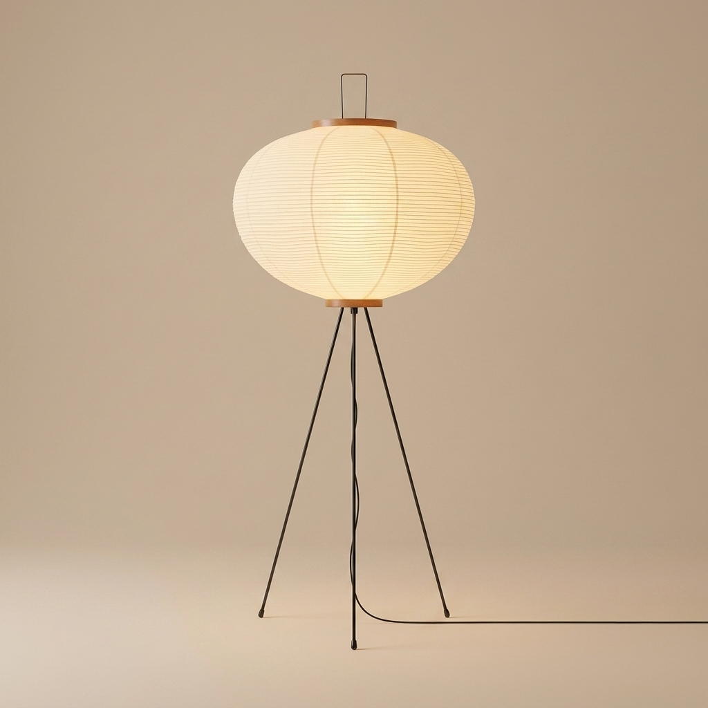 Rice paper floor lamp glowing warmly, Merchant Center product photo