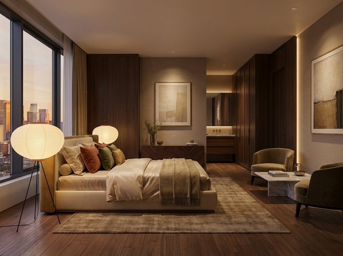 Rice paper floor lamp in a luxury bedroom with warm evening ambiance