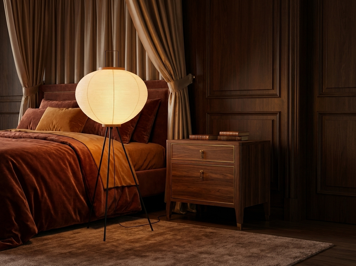 Small rice paper table lamp glowing warmly on a luxury nightstand