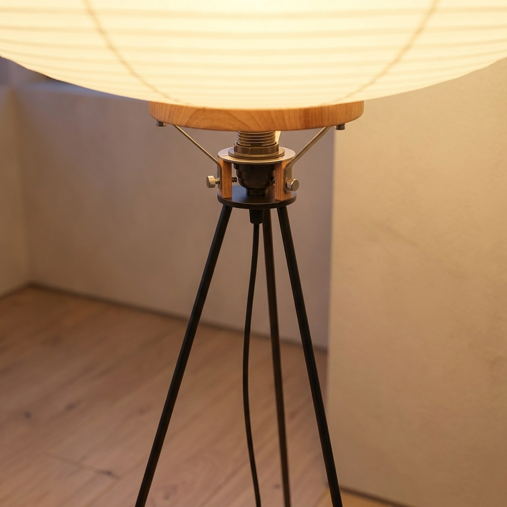 Close-up of the E27 socket and tripod base of the rice paper lamp, glowing warmly
