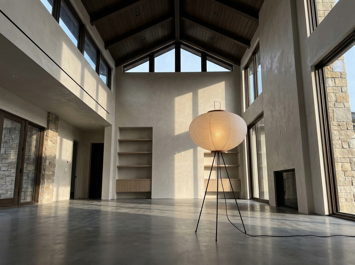 Designer rice paper floor lamp in a magazine-quality vaulted living room