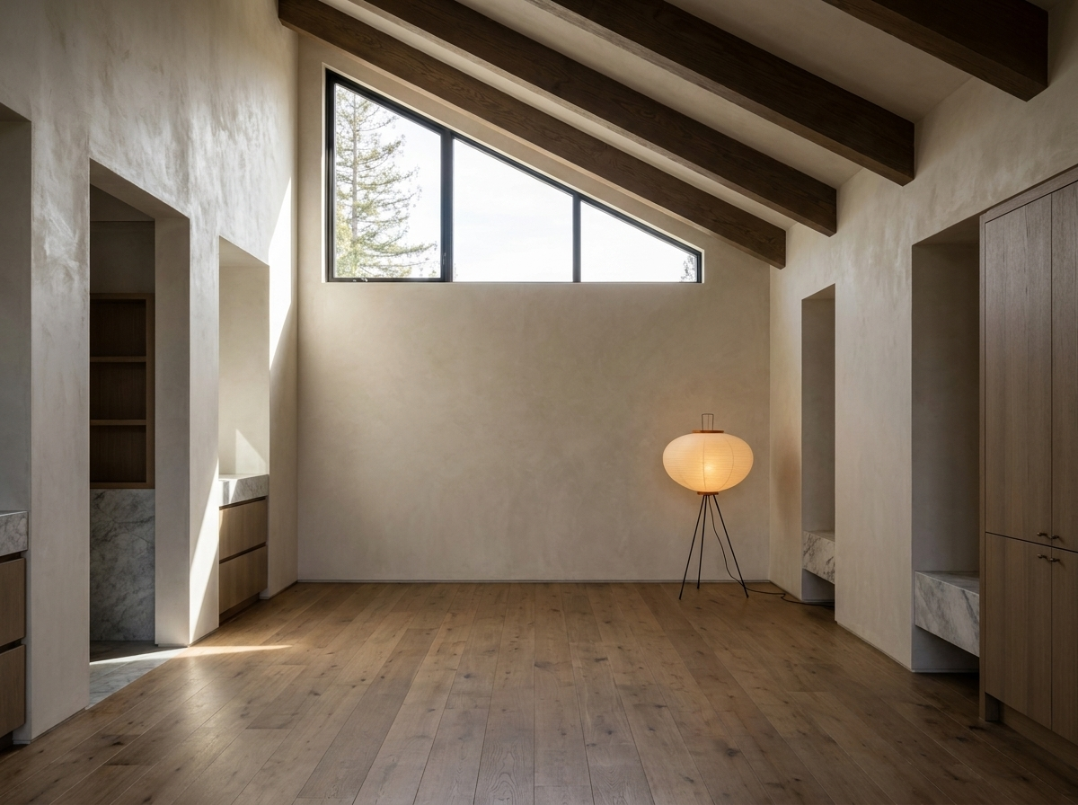 Designer rice paper floor lamp in a magazine-quality primary bedroom