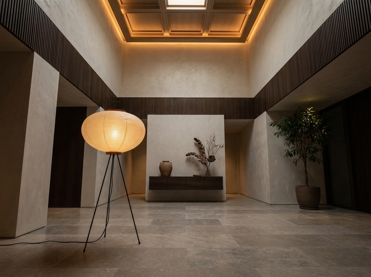 Designer rice paper floor lamp in a magazine-quality entryway