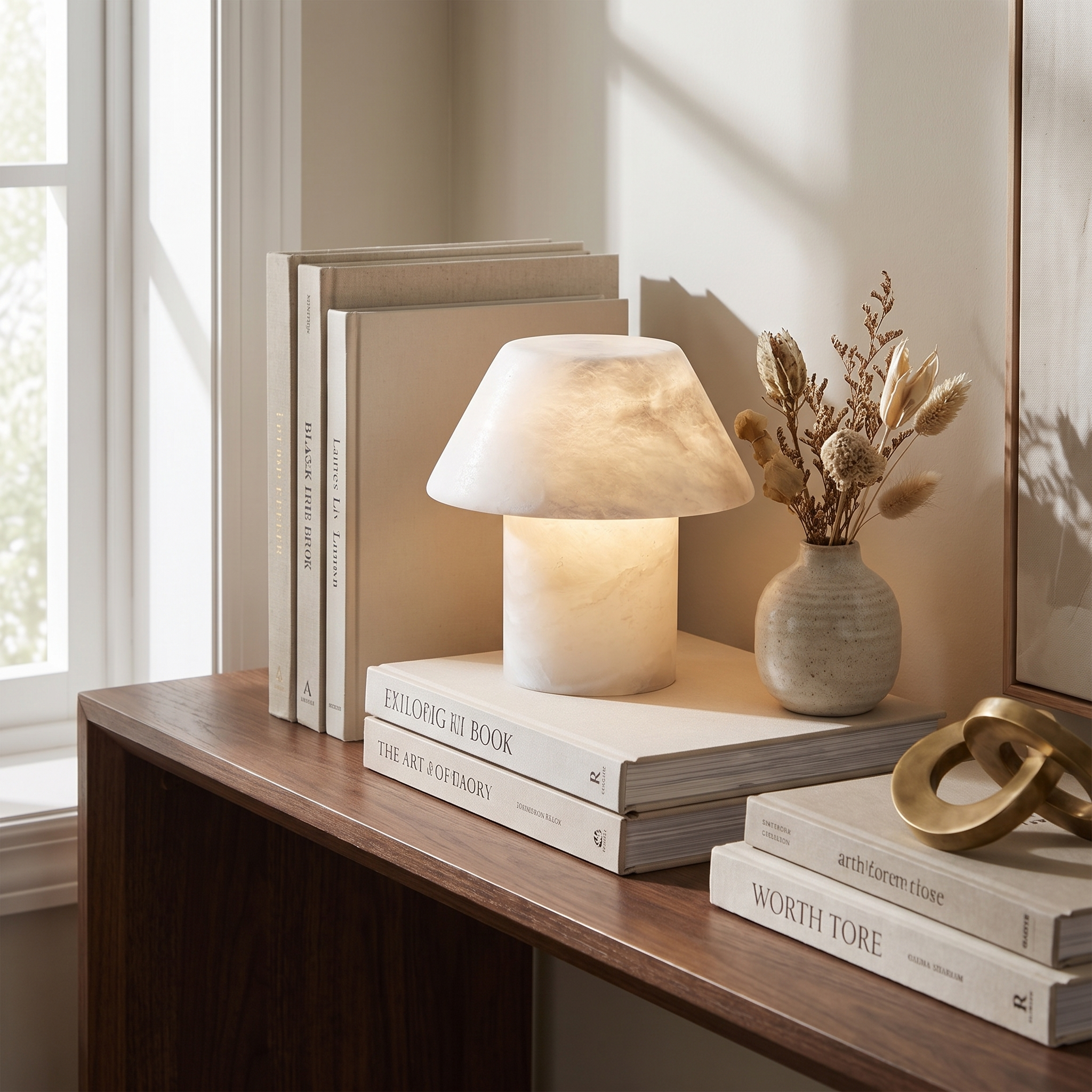 Petra Alabaster Table Lamp, 20cm, styled on a modern living room console, no cord