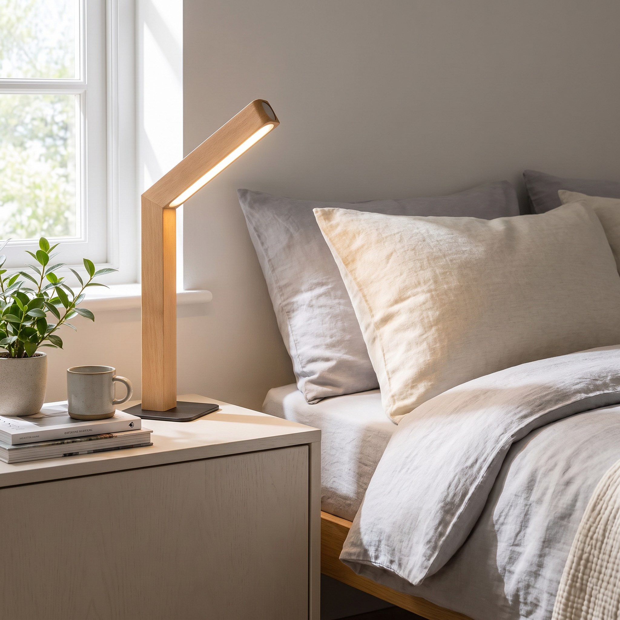 Nordic Touch Table Lamp, Beech finish, styled on a modern bedroom nightstand
