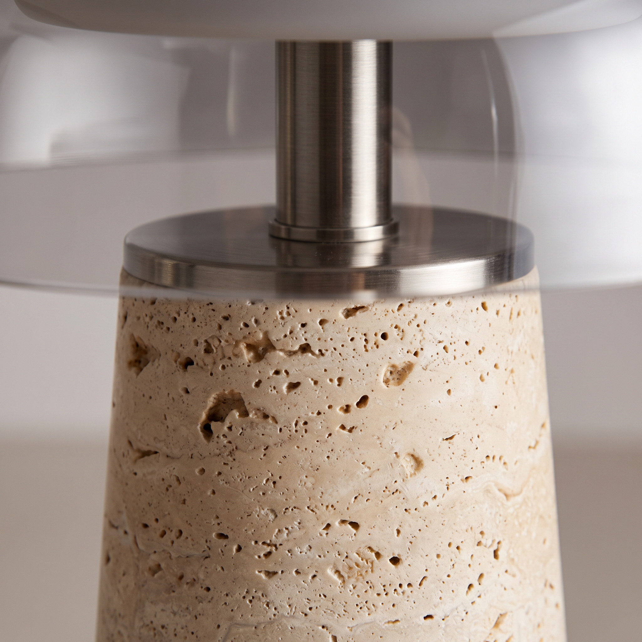 Mushroom Travertine Table Lamp close-up, natural stone texture and brushed nickel detail
