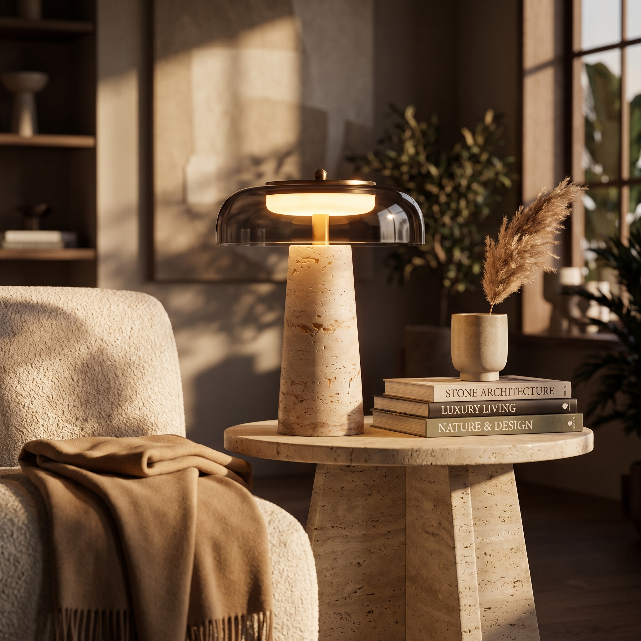 Mushroom Travertine Table Lamp, Smoke glass shade, luxury designer living room side table styling