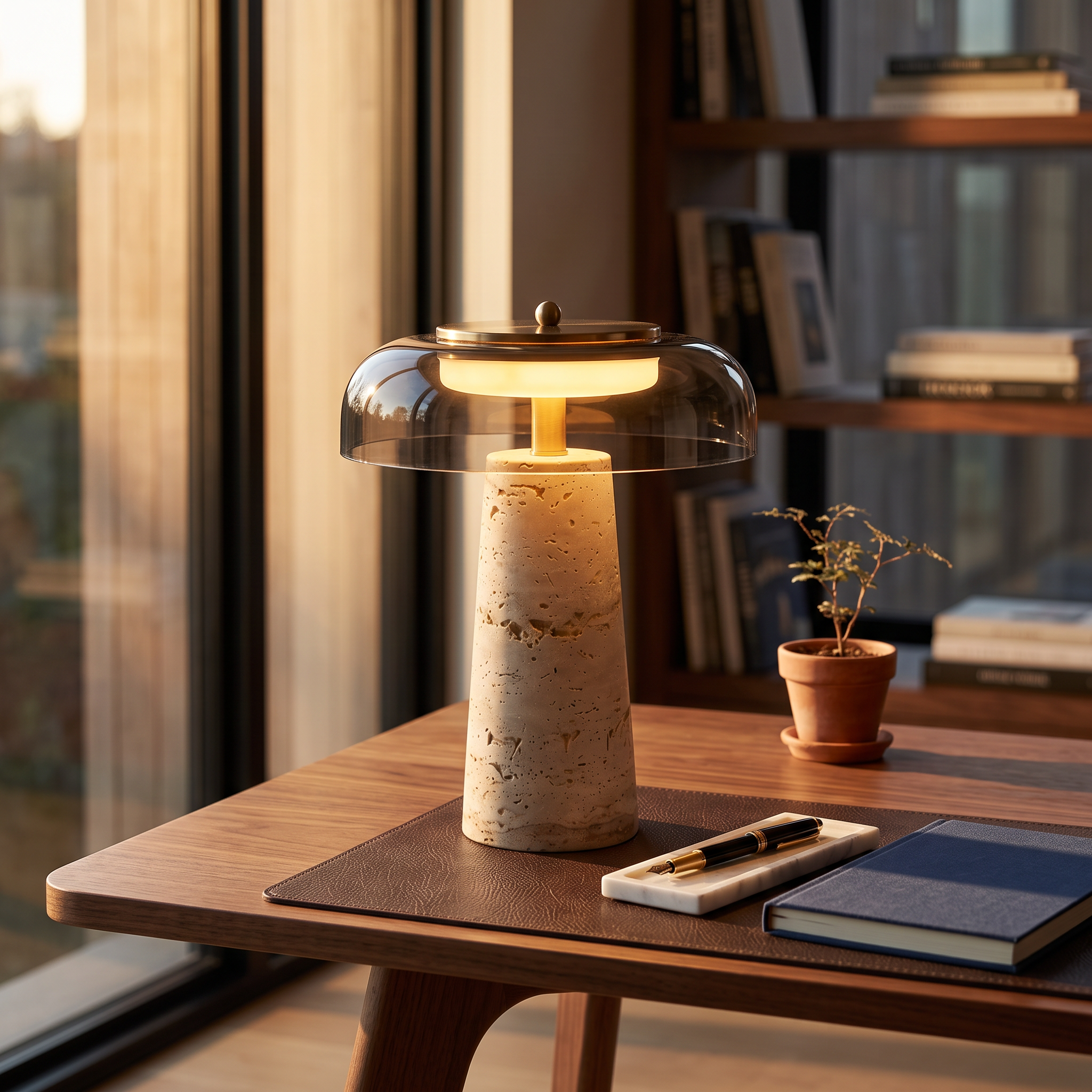 Mushroom Travertine Table Lamp, Smoke glass shade, luxury designer study desk styling