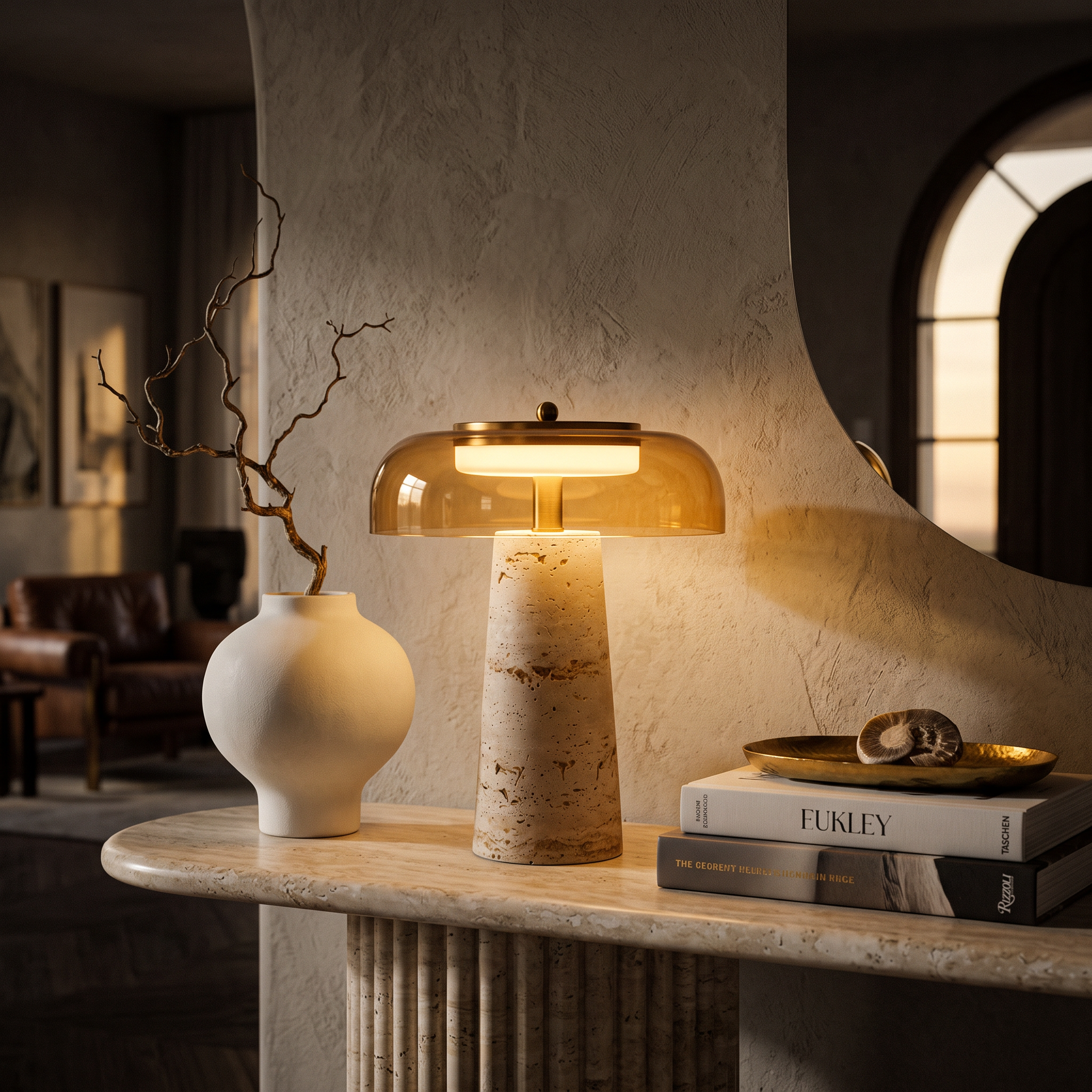 Mushroom Travertine Table Lamp, Clear glass shade, luxury designer console entryway styling
