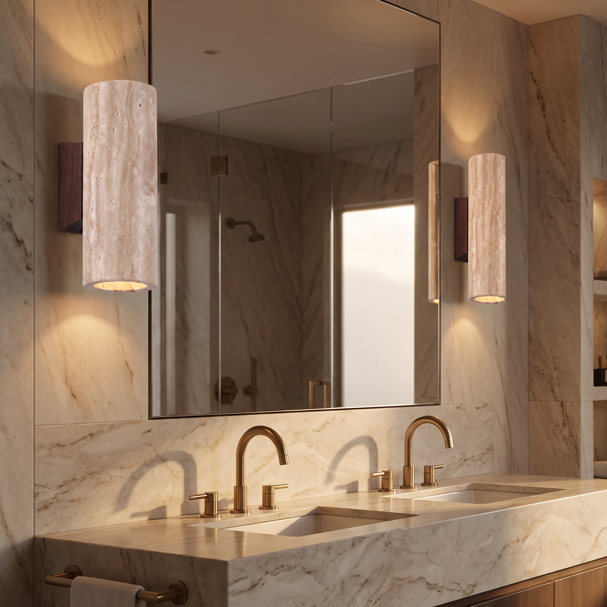 Travertine Column Sconce, Round column, pair flanking bathroom mirror, correct slim scale