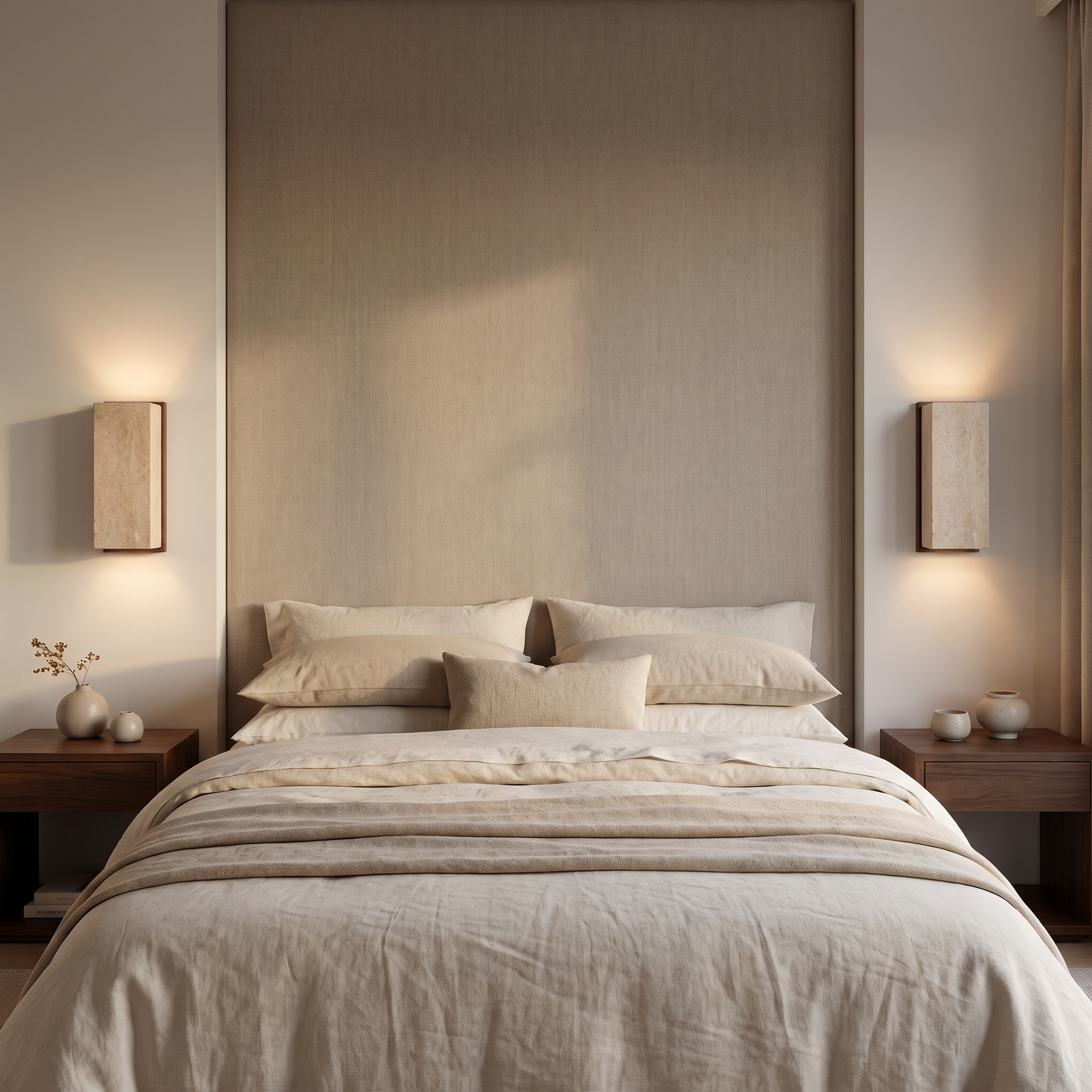 Travertine Column Sconce, Square block, pair flanking bedroom headboard, correct slim scale