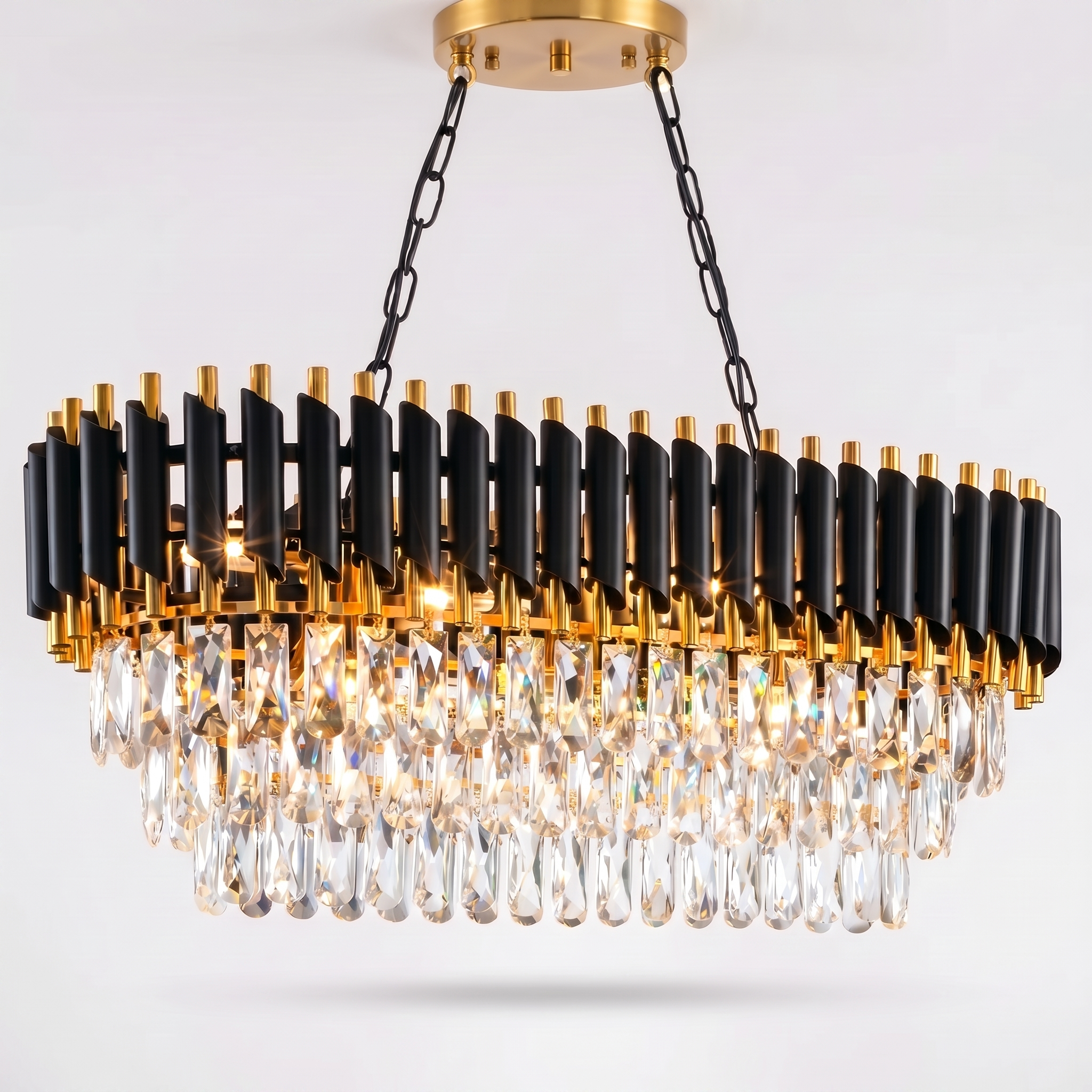 Crystal Chandelier Black & Gold 3-Tier, white background hero