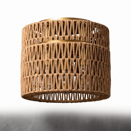 Designer Rattan Flush Mount Ceiling Light, Architectural Centerpiece Boho Fixture, Gold Trim Woven Drum Shade for High Ceiling Living Rooms & Foyers